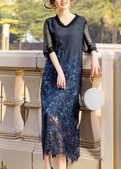 French Black Embroidered Hollow Out Silk Long Dress Summer