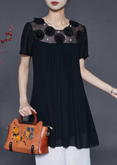 French Black Floral Patchwork Chiffon Mini Dress Summer