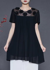 French Black Floral Patchwork Chiffon Mini Dress Summer