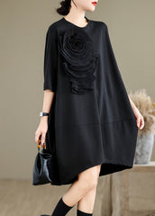 French Black O-Neck Floral Wrinkled Long Dresses Summer