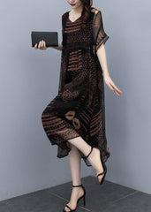 French Black Oversized Print Draping Chiffon Dress Summer