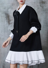 French Black Peter Pan Collar Patchwork Cotton Dress Fall