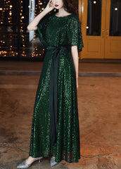 French Blackish Green Sequins Tie Waist Silk Vacation Dresses Summer