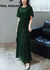 French Blackish Green Sequins Tie Waist Silk Vacation Dresses Summer