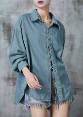 French Blue Grey Cross Strap Denim Shirt Top Fall