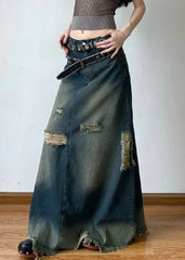 French Blue Hole High Waist Denim Maxi Skirts Summer