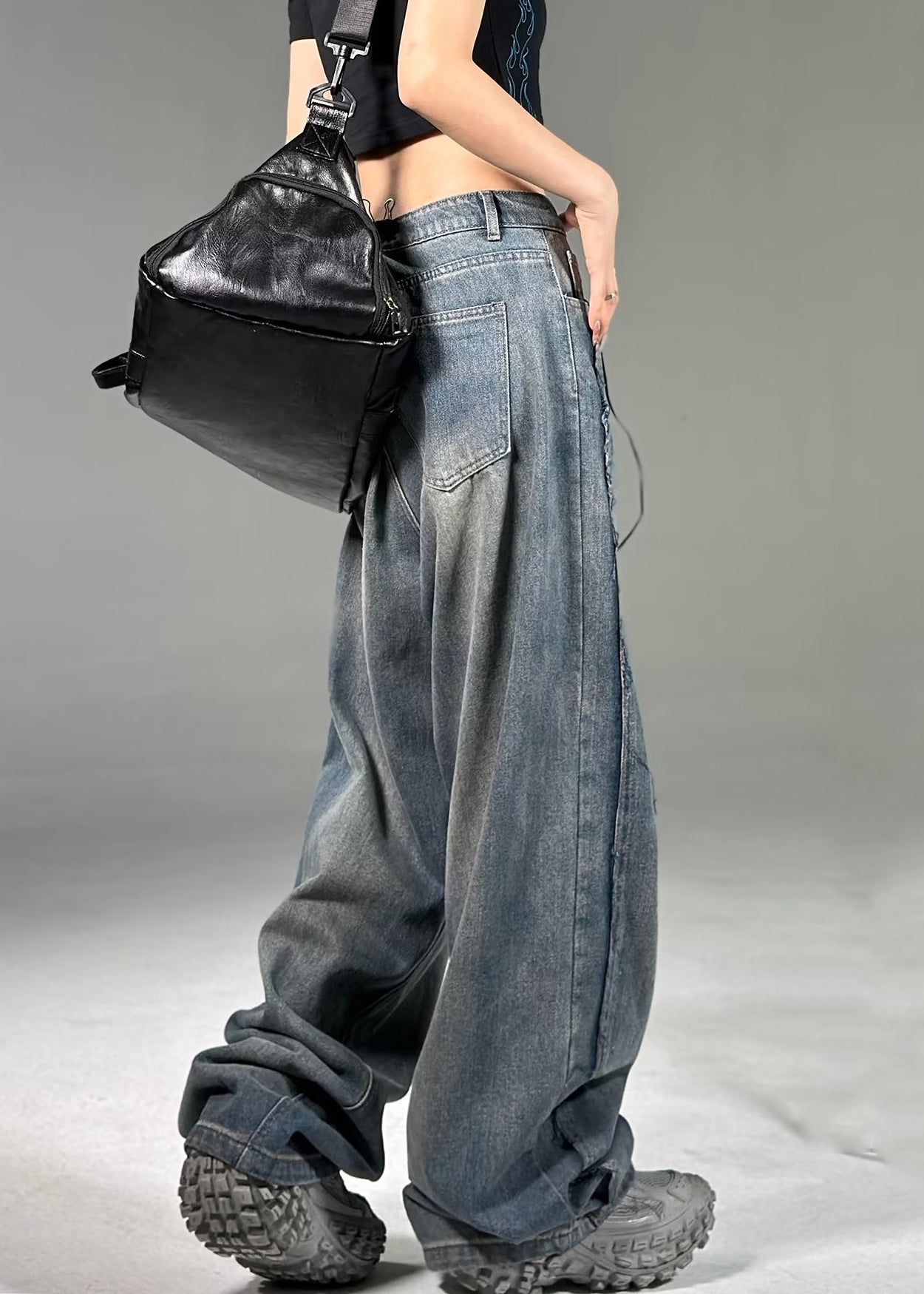 French Blue Pockets High Waist Neutral Denim Pants Summer