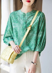 French Green O-Neck Print Chiffon Tops Fall