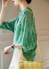 French Green O-Neck Print Chiffon Tops Fall