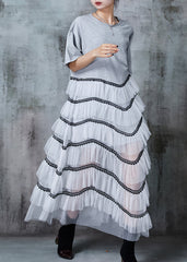 French Grey Oversized Patchwork Tulle Long Dress Summer