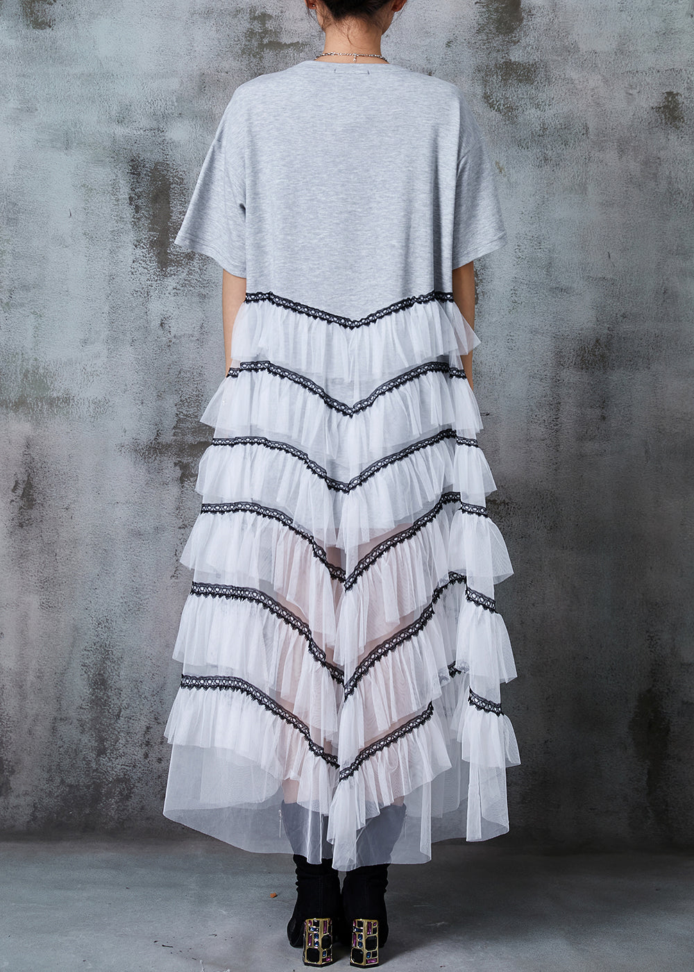 French Grey Oversized Patchwork Tulle Long Dress Summer