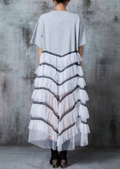 French Grey Oversized Patchwork Tulle Long Dress Summer