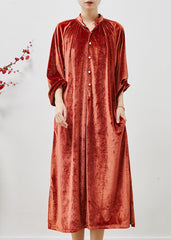 French Orange Stand Collar Silk Velvet Long Dresses Fall