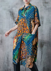 French Peacock Blue Oversized Print Chiffon Dress Summer