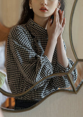 French Plaid Stand Collar Ruffled Cotton Shirt Long Sleeve