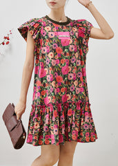 French Rose Floral Cotton Mini Dresses Petal Sleeve