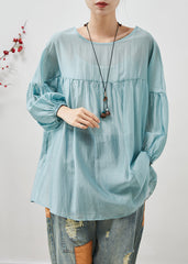 French Sky Blue Oversized Bow Cotton Blouse Top Summer