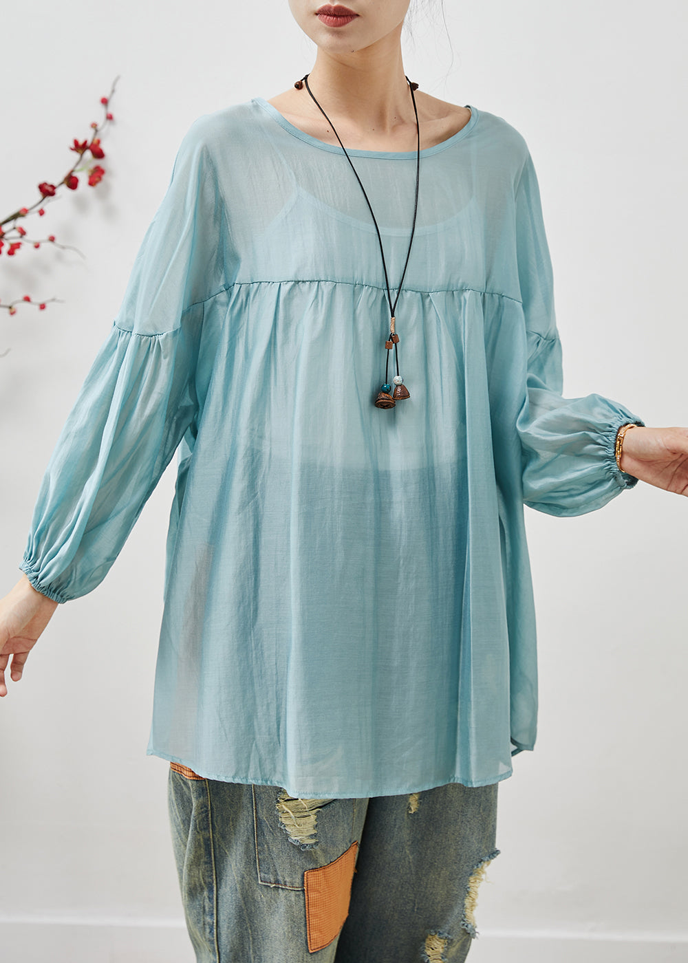 French Sky Blue Oversized Bow Cotton Blouse Top Summer