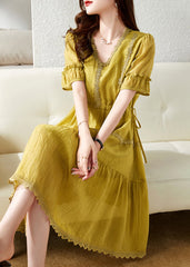 French Yellow V Neck Patchwork Cotton Party Dress Summer