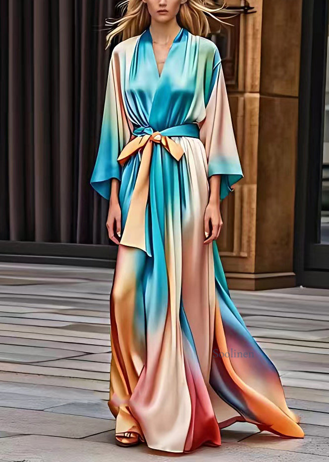 Gradient Color Blue Tie Waist Silk Long Dress Fall