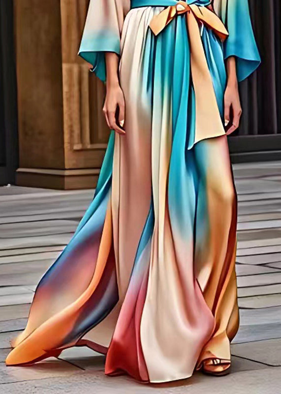 Gradient Color Blue Tie Waist Silk Long Dress Fall