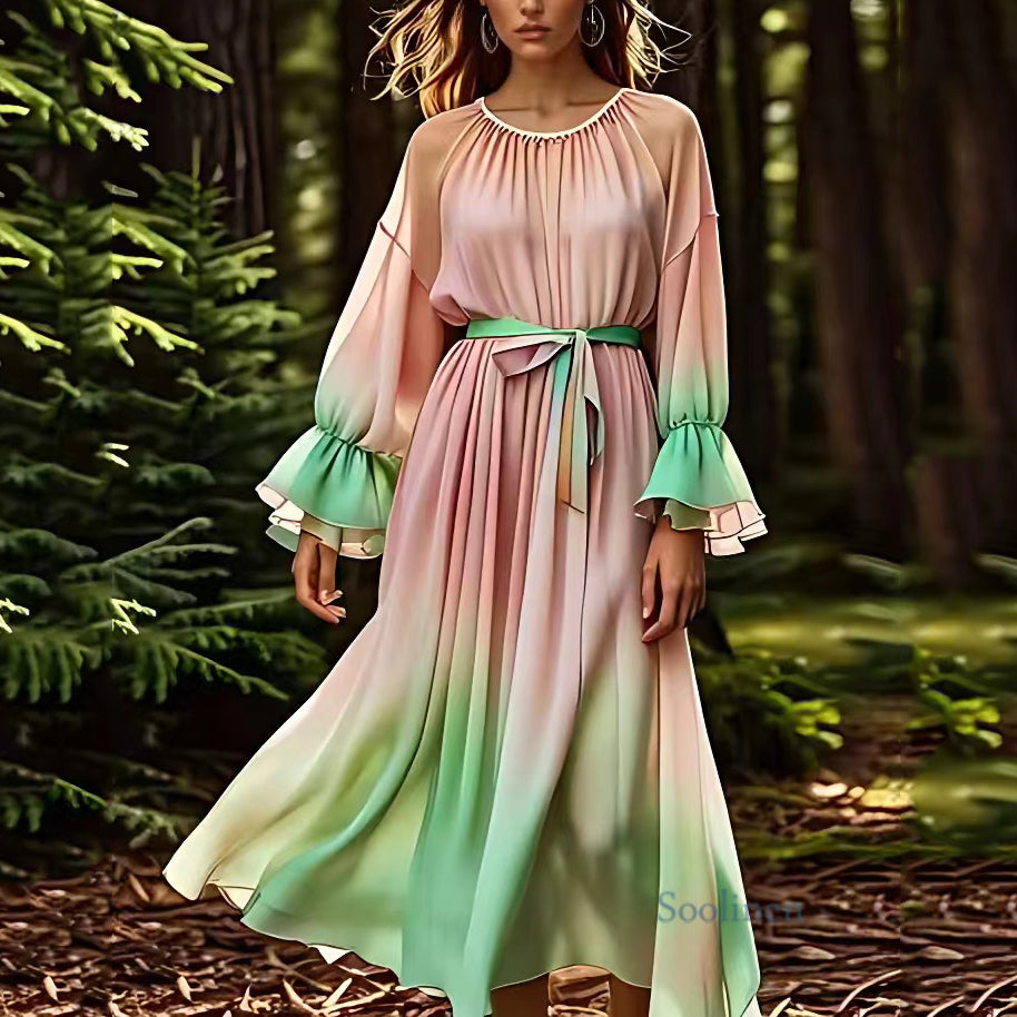 Gradient Color Pink O-Neck Tie Waist Silk Long Dress Fall