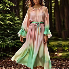 Gradient Color Pink O-Neck Tie Waist Silk Long Dress Fall