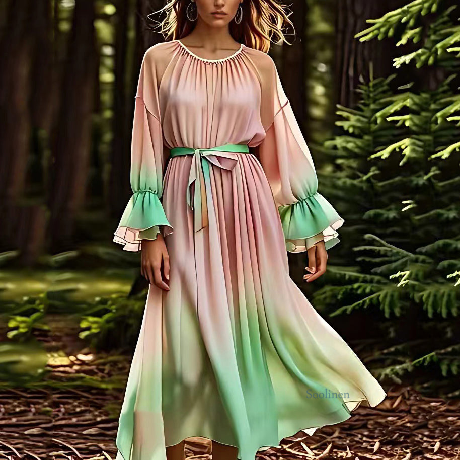 Gradient Color Pink O-Neck Tie Waist Silk Long Dress Fall