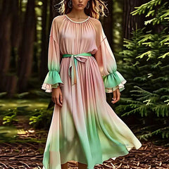 Gradient Color Pink O-Neck Tie Waist Silk Long Dress Fall