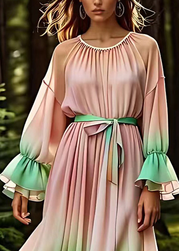 Gradient Color Pink O-Neck Tie Waist Silk Long Dress Fall