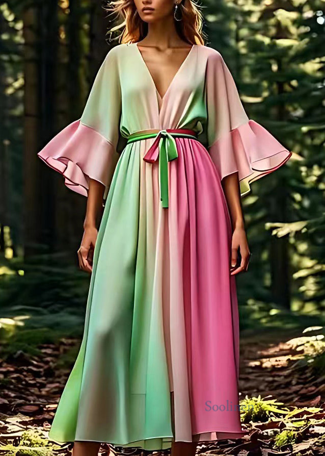 Gradient Color Pink Tie Waist Silk Maxi Dress Half Sleeve