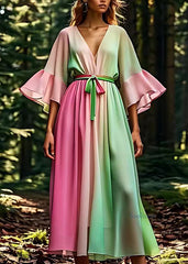 Gradient Color Pink Tie Waist Silk Maxi Dress Half Sleeve