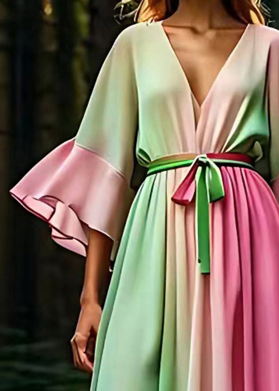 Gradient Color Pink Tie Waist Silk Maxi Dress Half Sleeve