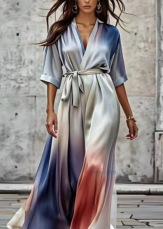 Gradient Color V Neck Silk Party Long Dress Short Sleeve