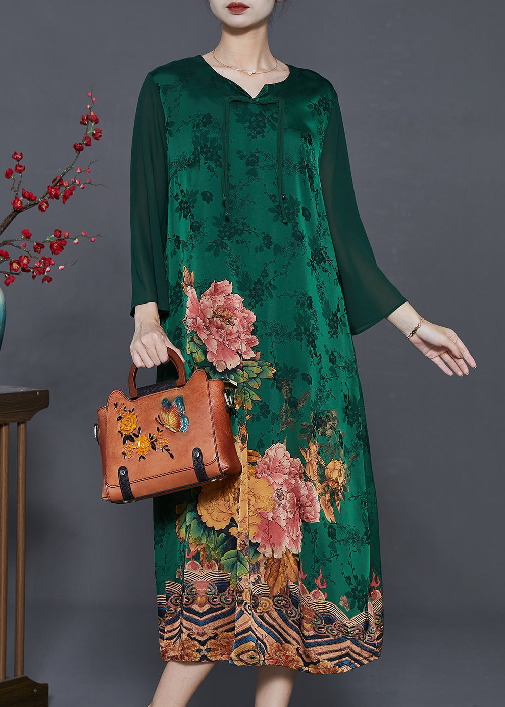 Green Floral Silk Holiday Dress Tasseled Chinese Button Summer