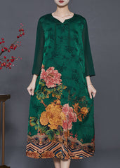 Green Floral Silk Holiday Dress Tasseled Chinese Button Summer