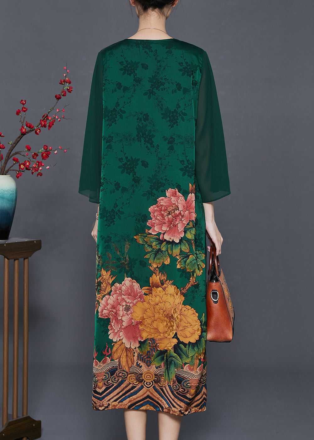 Green Floral Silk Holiday Dress Tasseled Chinese Button Summer