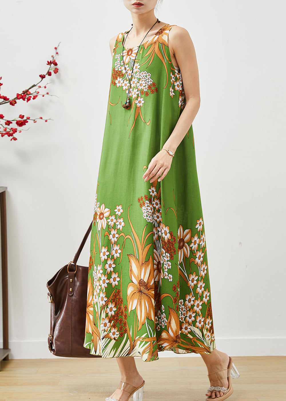 Green Print Cotton A Line Dresses Oversized Sleeveless