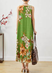 Green Print Cotton A Line Dresses Oversized Sleeveless