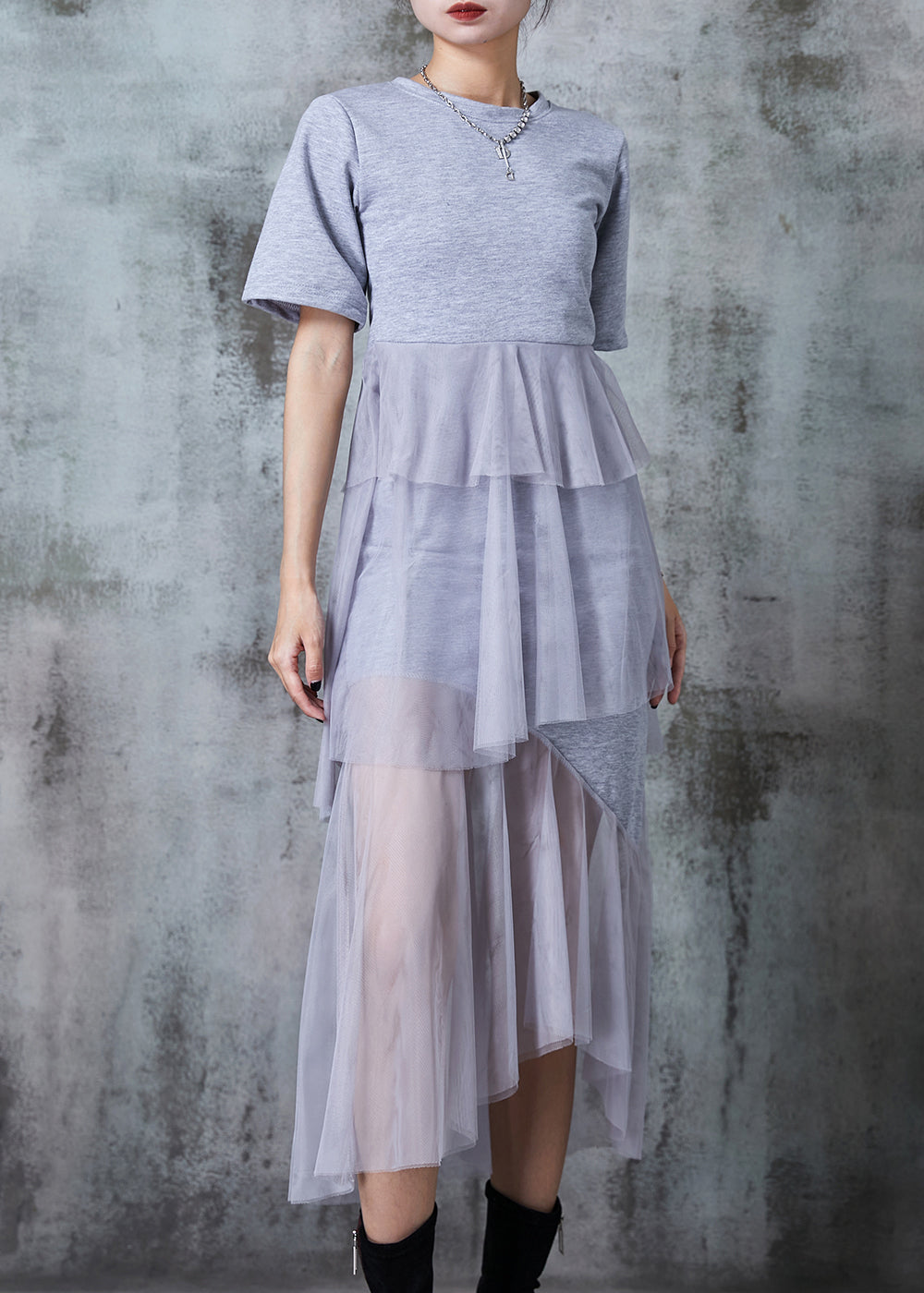 Grey Patchwork Tulle Holiday Dress Silm Fit Summer