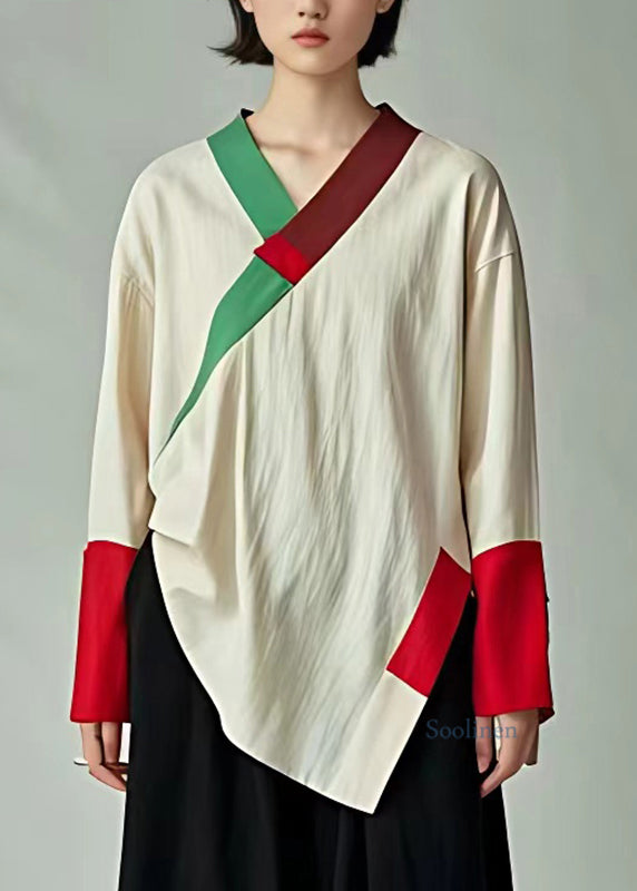 Handmade Beige Asymmetrical Patchwork Top Fall