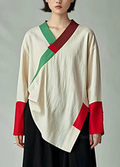 Handmade Beige Asymmetrical Patchwork Top Fall