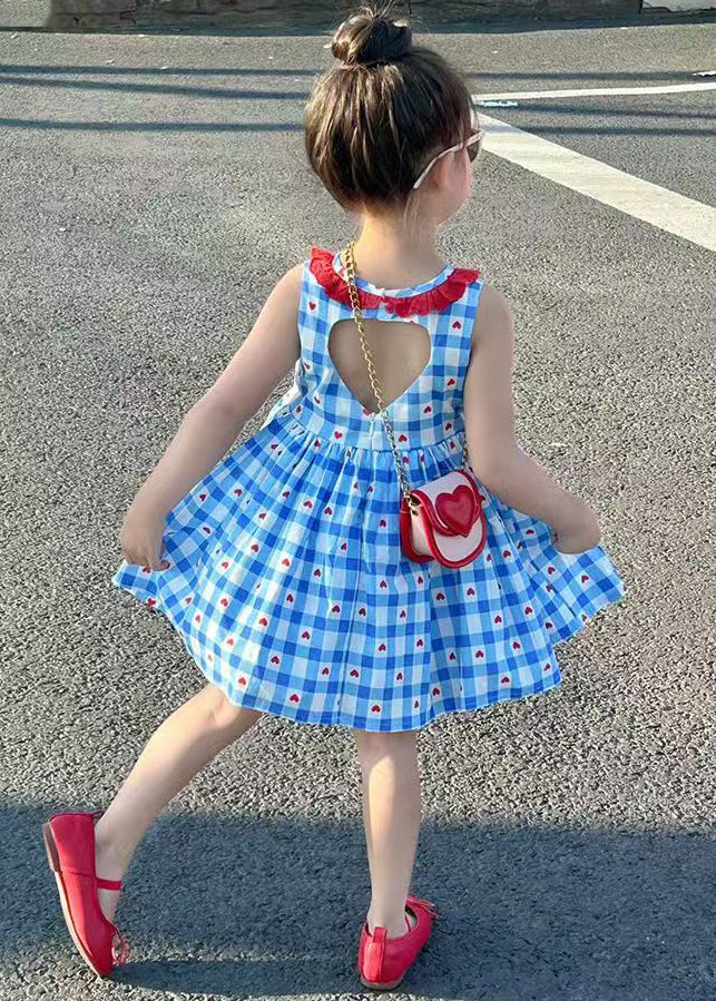 Handmade Blue Love Patchwork Wrinkled Girls Mid Dress Sleeveless