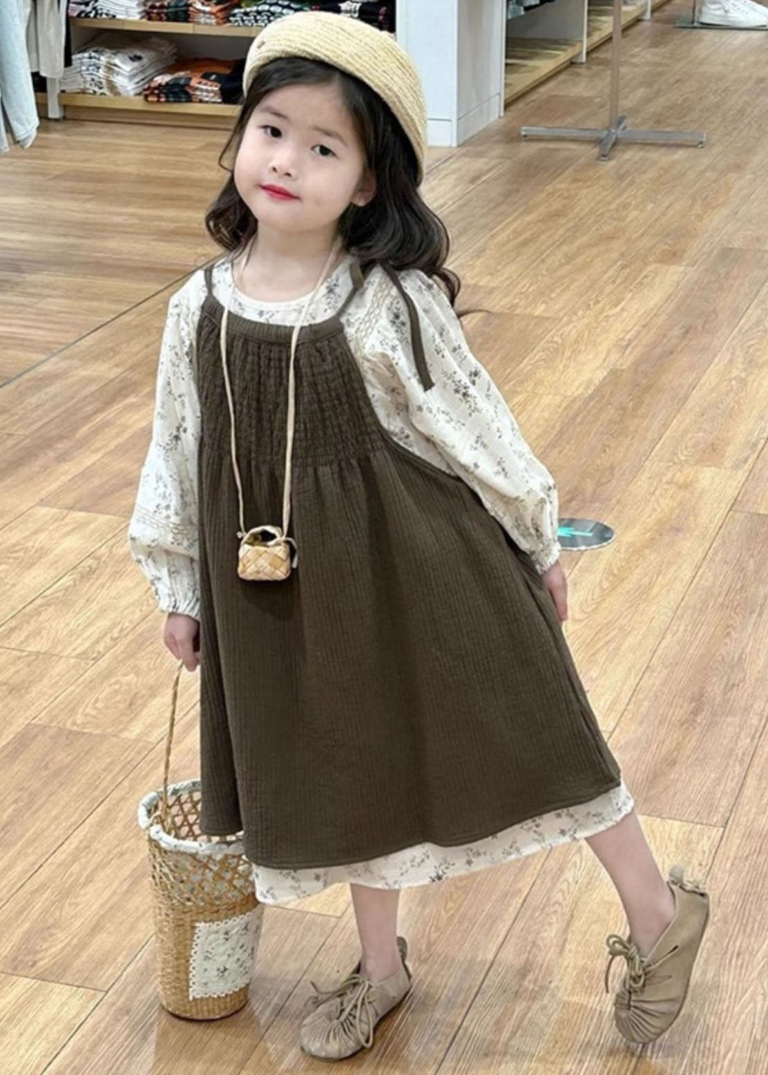 Handmade Coffee Print Girls Spaghetti Strap And Long Dress Two Pieces Set Fall