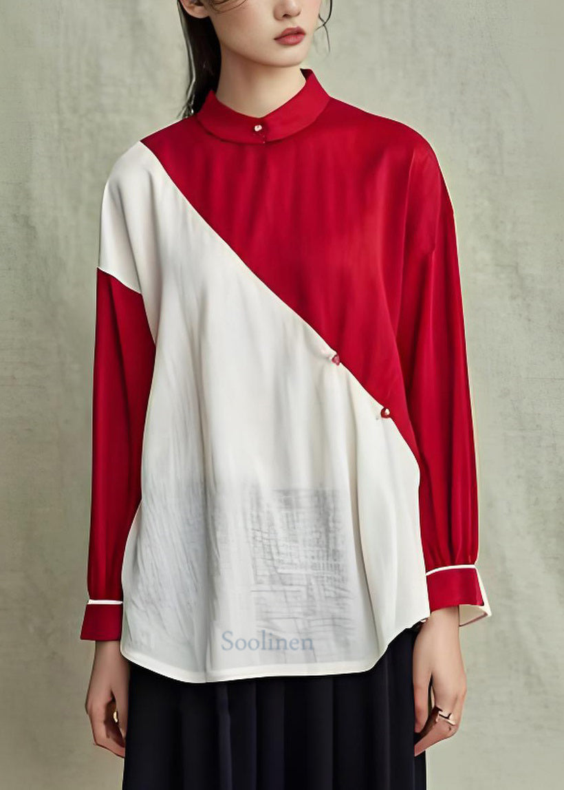 Handmade Colorblock Stand Collar Cotton Top Long Sleeve