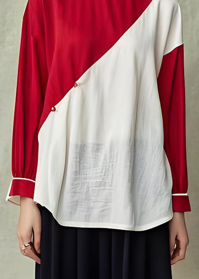 Handmade Colorblock Stand Collar Cotton Top Long Sleeve