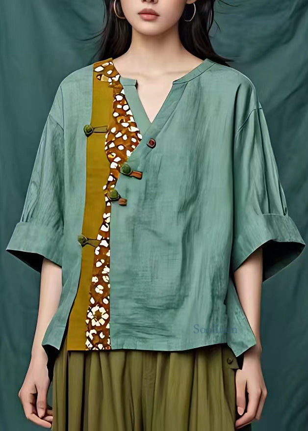 Handmade Green O-Neck Patchwork Button Top Short Sleeve