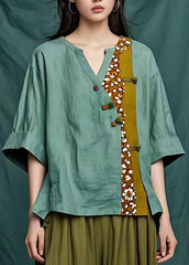 Handmade Green O-Neck Patchwork Button Top Short Sleeve