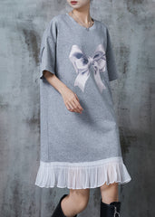 Handmade Grey Oversized Patchwork Bow Cotton Dresses Summer