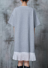 Handmade Grey Oversized Patchwork Bow Cotton Dresses Summer